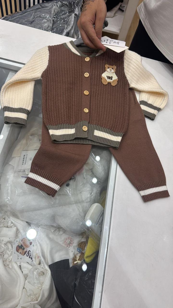 Knitted Sweater Pant Co-ord Set with Button - Brownie Bear