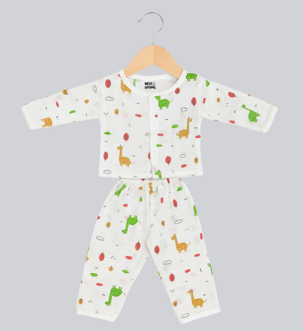 Muslin Full Sleeves Jhabla Set - Organic Cotton Muslin - Giraffe Safari