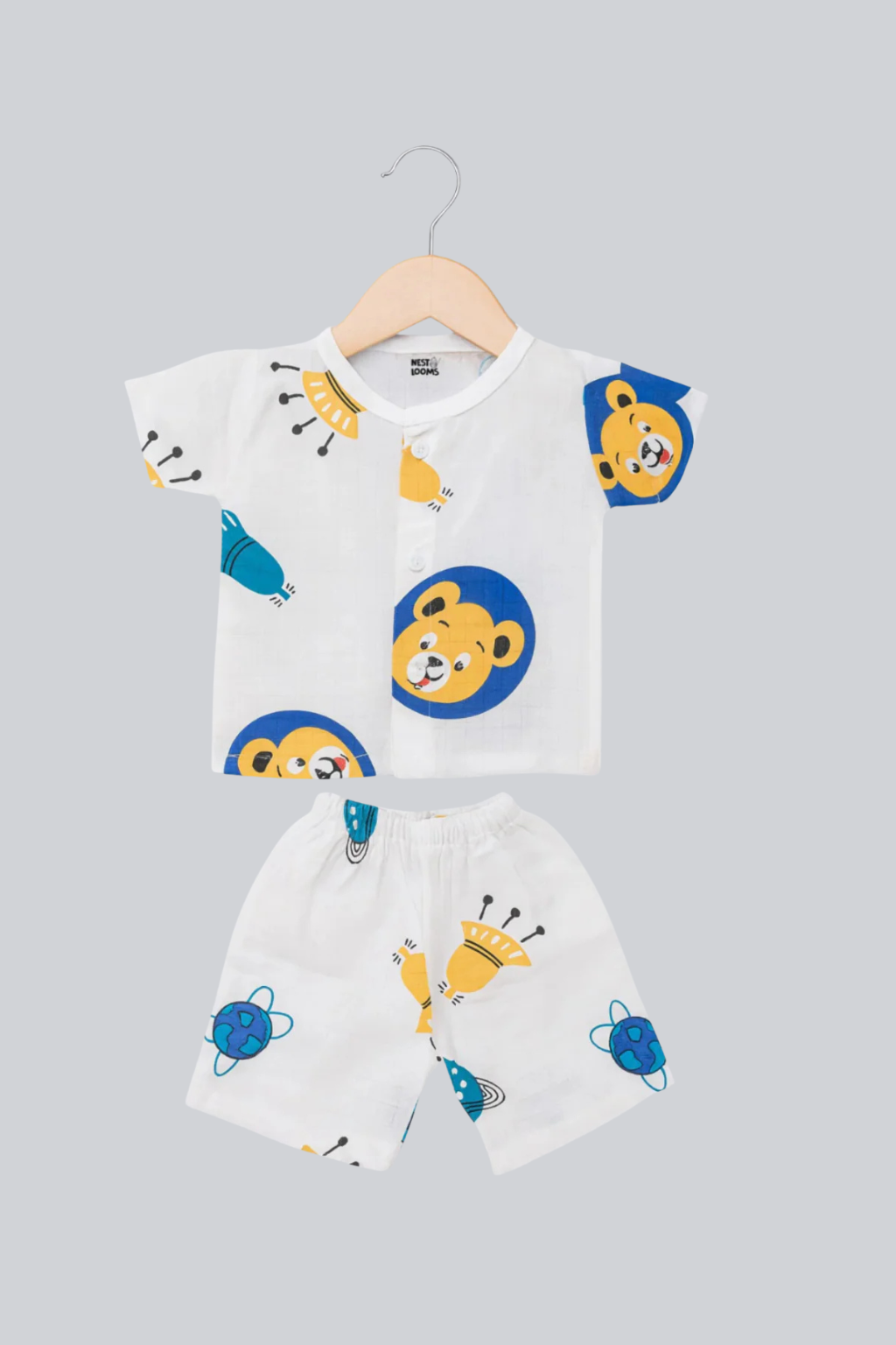 Half Sleeves Jhabla Set - Organic Cotton Muslin- Space bear