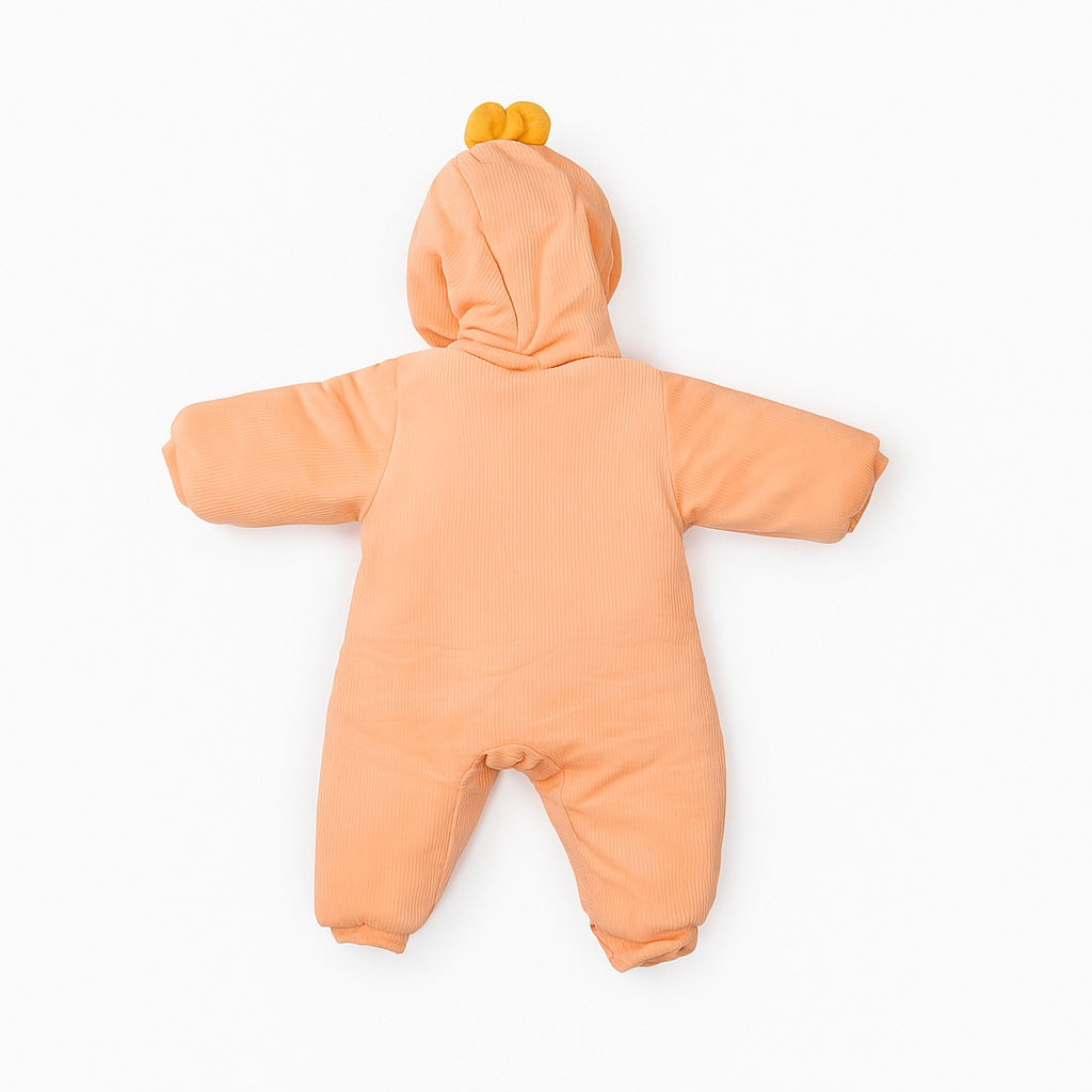 Hooded Woolen Romper With Snap Buttons - Orange Ducky