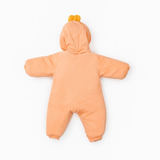 Hooded Woolen Romper With Snap Buttons - Orange Ducky