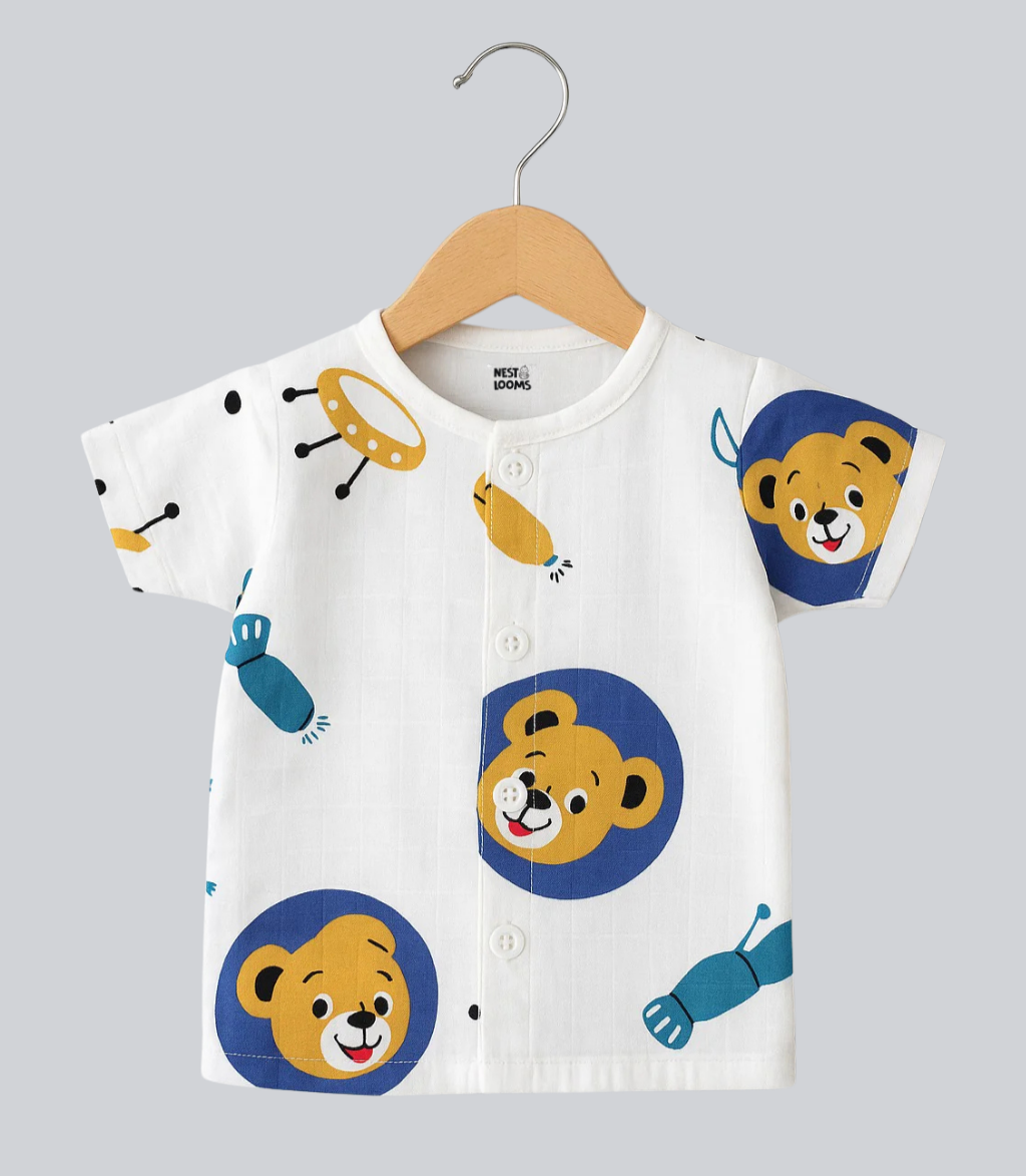 Half Sleeves Jhabla Set - Organic Cotton Muslin- Space bear