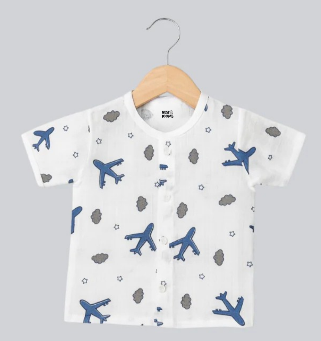 Half Sleeves Jhabla Set - Organic Cotton Muslin - Aeroplane rides