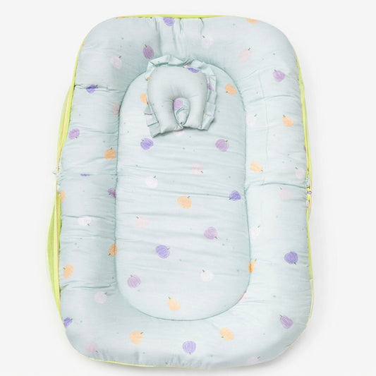 Baby Bedding Set With Mosquito Net & Head Support Pillow - Minty Orchard