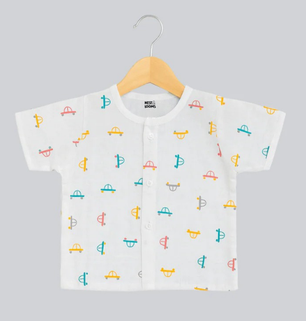 Half Sleeves Jhabla Set - Organic Cotton Muslin - Tiny Wheels