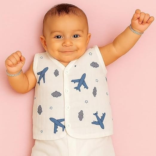 Sleeveless Jhabla With Button- Muslin - Aeroplane Rides