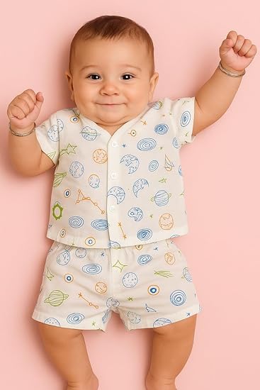 Half Sleeves Jhabla Set - Organic Cotton Muslin - Galaxy Dreams
