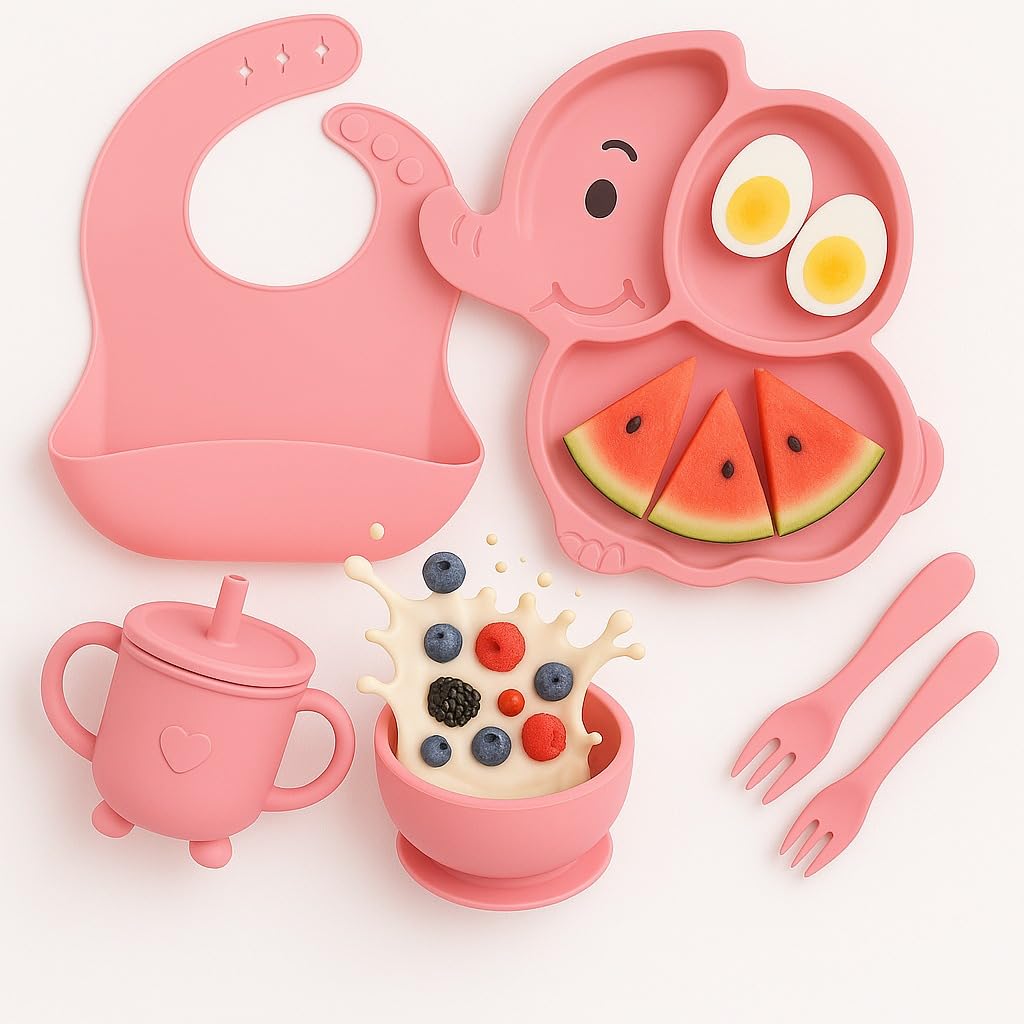 6 pcs Silicone Feeding Sets - Pink Elephant