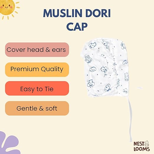 Muslin Dori Cap - Combo of 3 (Aeroplane,Tropical Treats, Bunny Bear)