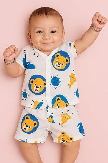 Half Sleeves Jhabla Set - Organic Cotton Muslin- Space bear
