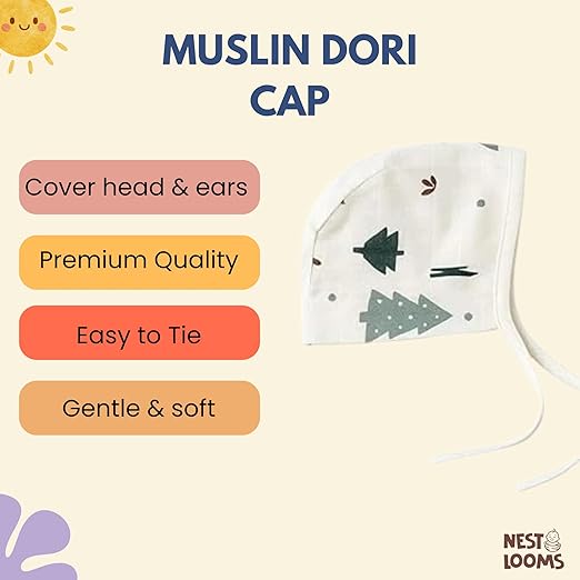 Muslin Dori Cap - Combo of 5 (Christmas, Sailor Star, Rainbow, Tropical Treats, Giraffe Safari)