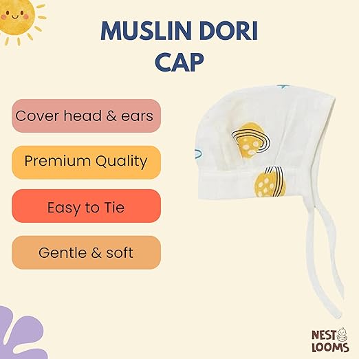 Muslin Dori Cap - Combo of 3 (Space Bear, Sunny Bunny, Jungle Buddies)
