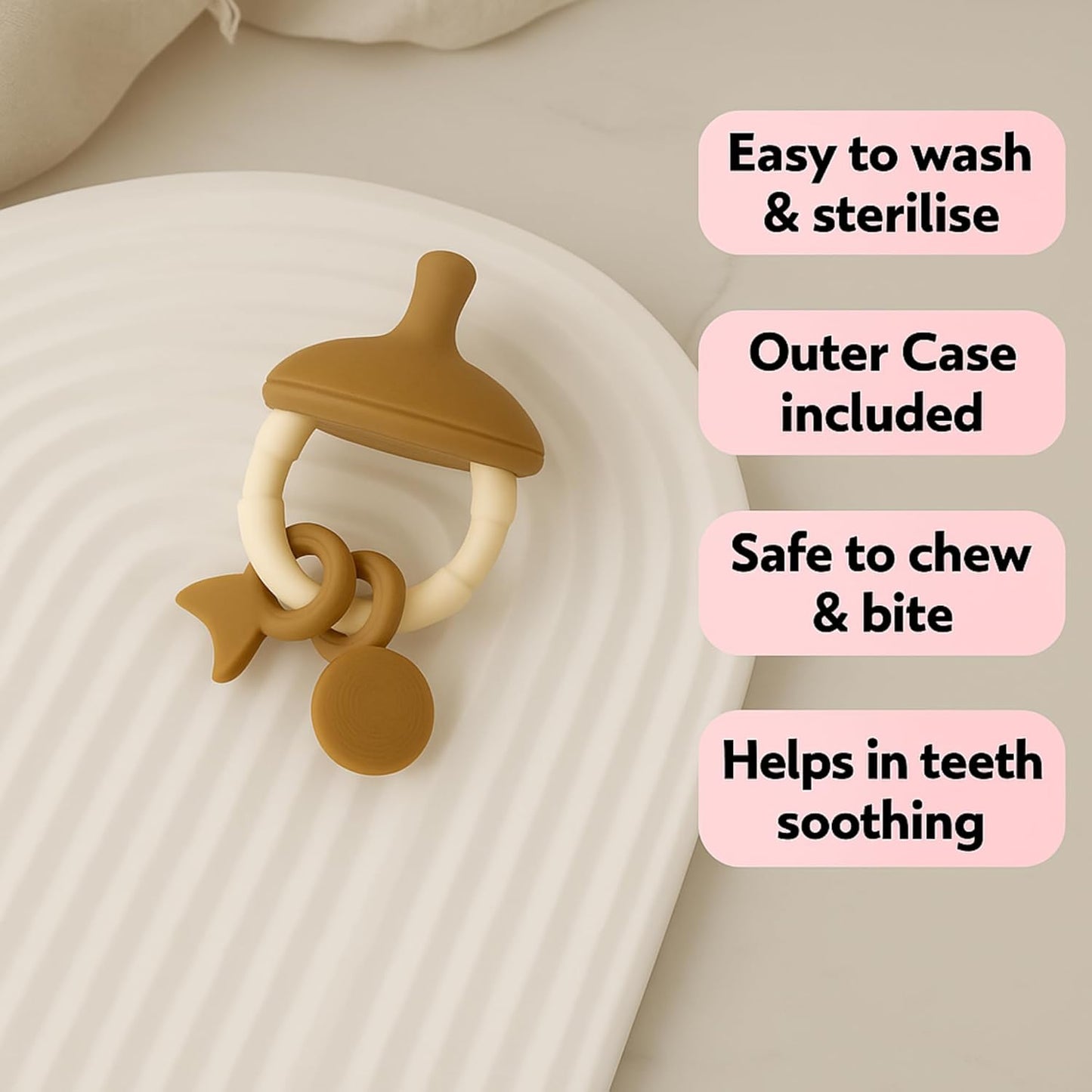 Premium Pacifier Silicone Teether with toy rings (Beige-white)