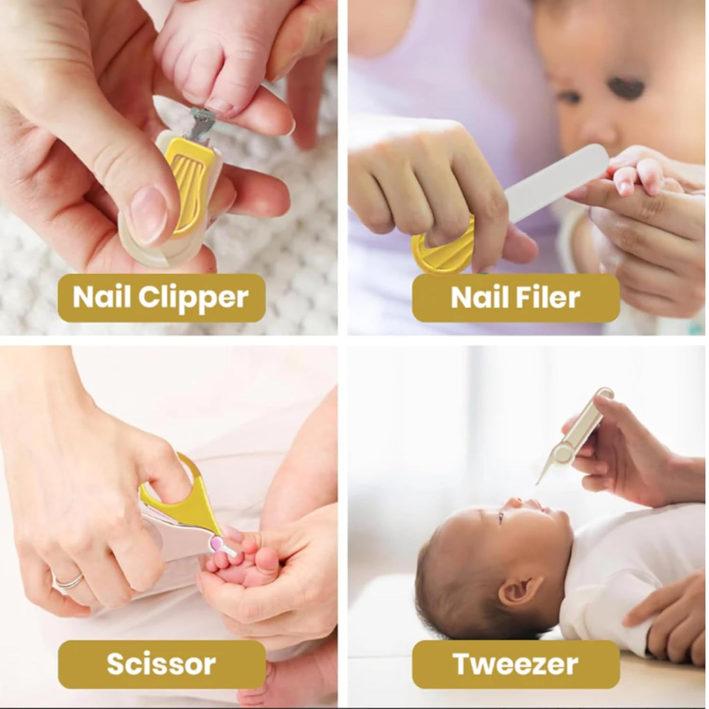 4-in-1 Bear Baby Grooming Kit with Scissors, Nail Filer, Tweezer & Clipper - Yellow