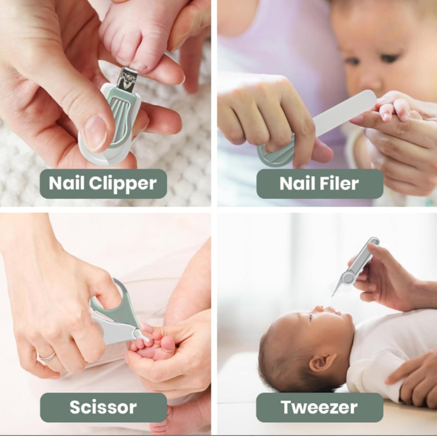 4-in-1 Bear Baby Grooming Kit with Scissors, Nail Filer, Tweezer & Clipper - White