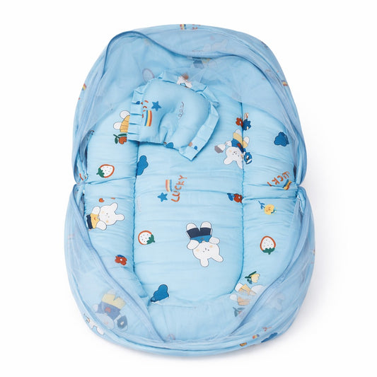Baby Bedding Set With Mosquito Net & Head Support Pillow - Blueberry Rabbit