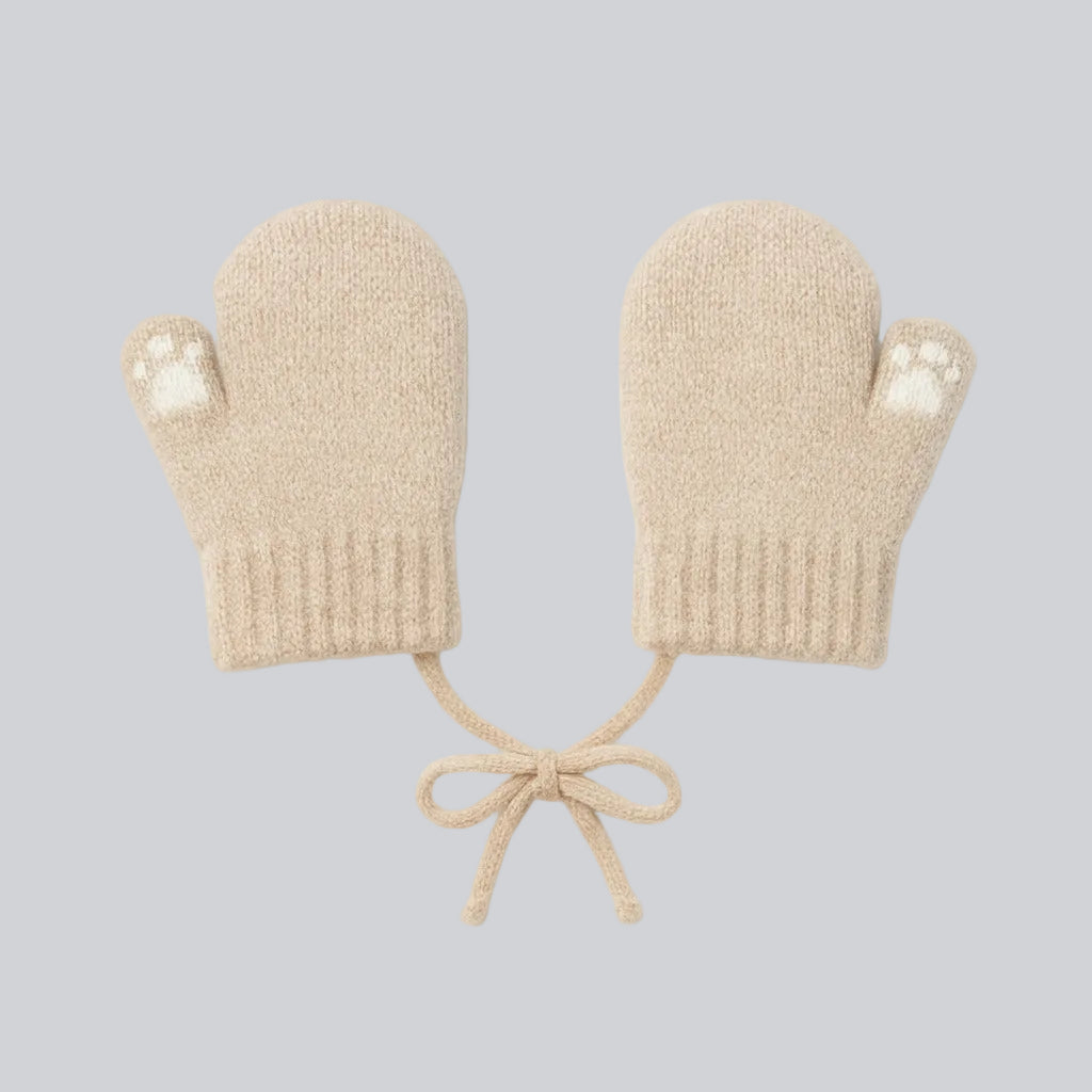 Baby Winter Knitted Gloves With Strings - Beige Teddy