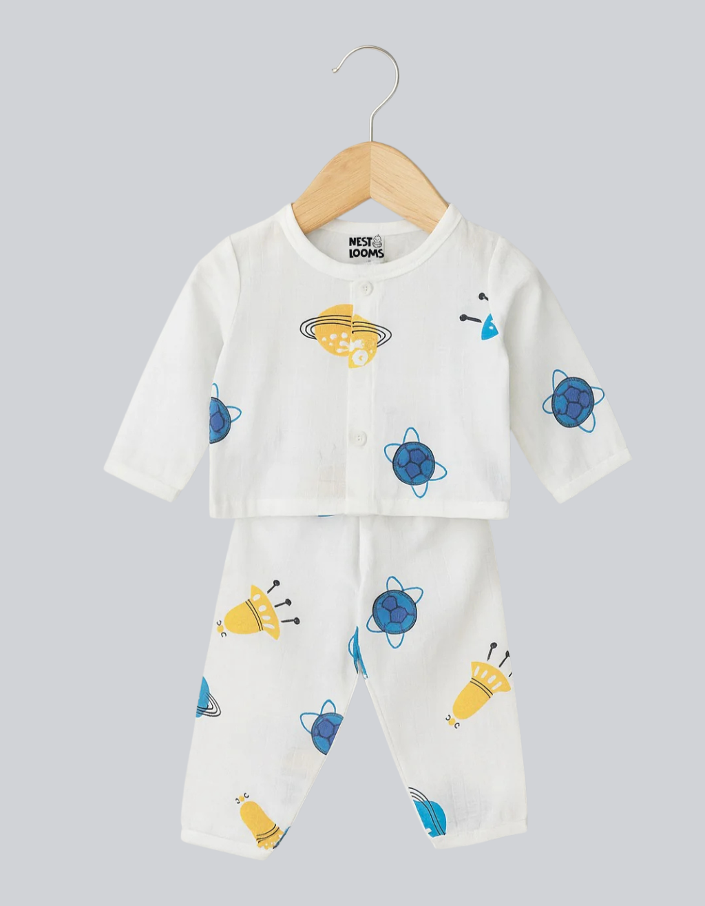 Muslin Full Sleeves Jhabla Set - Organic Cotton Muslin - Space Bear