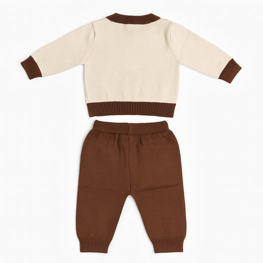 Knitted Sweater Pant Co-ord Set with Button - Beige Cookie