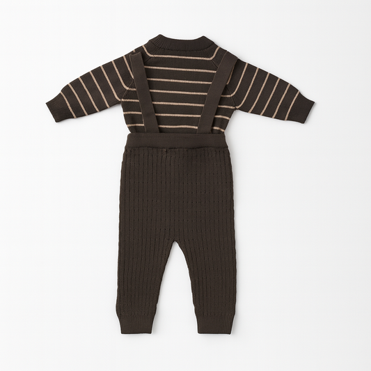 Knitted Dungaree Set With Suspenders - Espresso Stripes