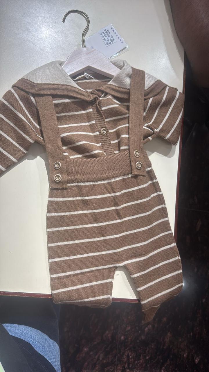 Winter Knitted Romper with Suspenders - Brown Striped