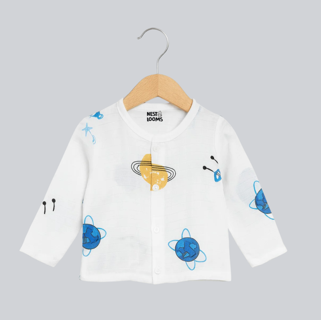 Muslin Full Sleeves Jhabla Set - Organic Cotton Muslin - Space Bear