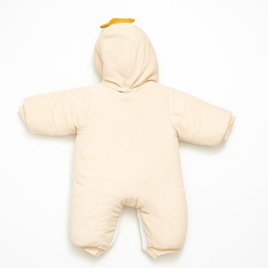 Hooded Woolen Romper With Snap Buttons - Cream Ducky