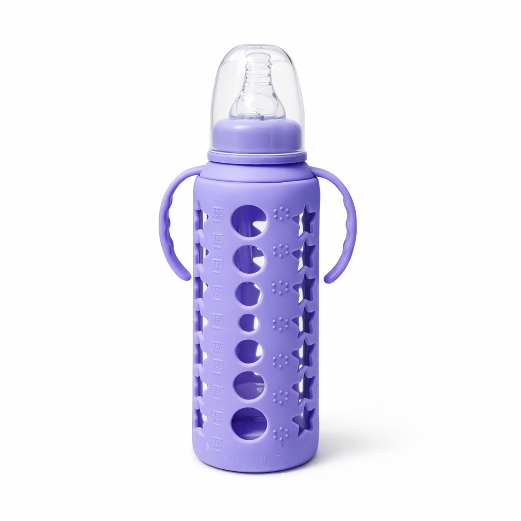 Glass Feeding Bottle With Handle 250ml - Purple Puff