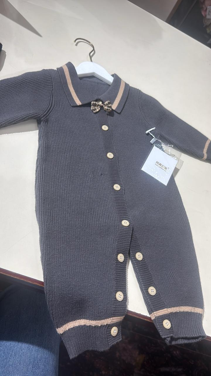 Ribbed Collar Romper With Button