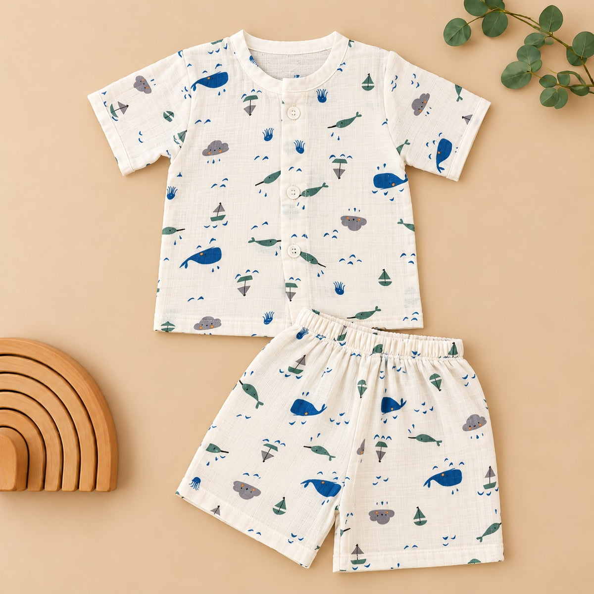 Half Sleeves Jhabla Set - Organic Cotton Muslin - Whale Wiggles