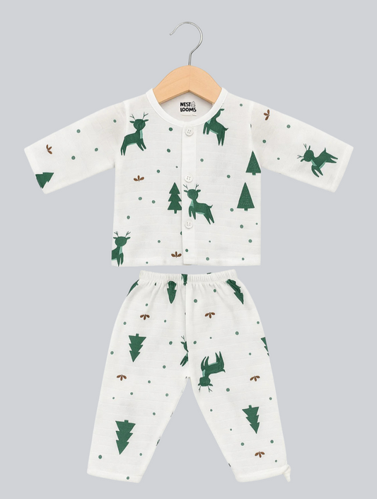 Muslin Full Sleeves Jhabla Set - Organic Cotton Muslin - Christmas Wonderland