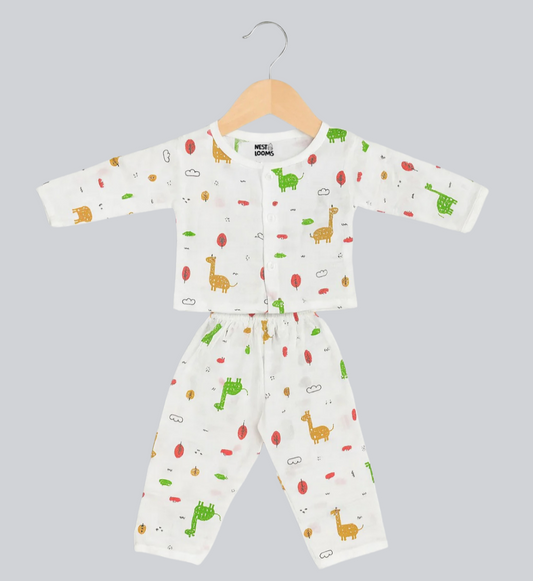 Muslin Full Sleeves Jhabla Set - Organic Cotton Muslin - Giraffe Safari