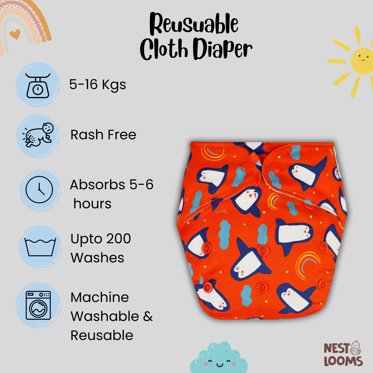 Reusable Cloth Diaper - Penguin Party