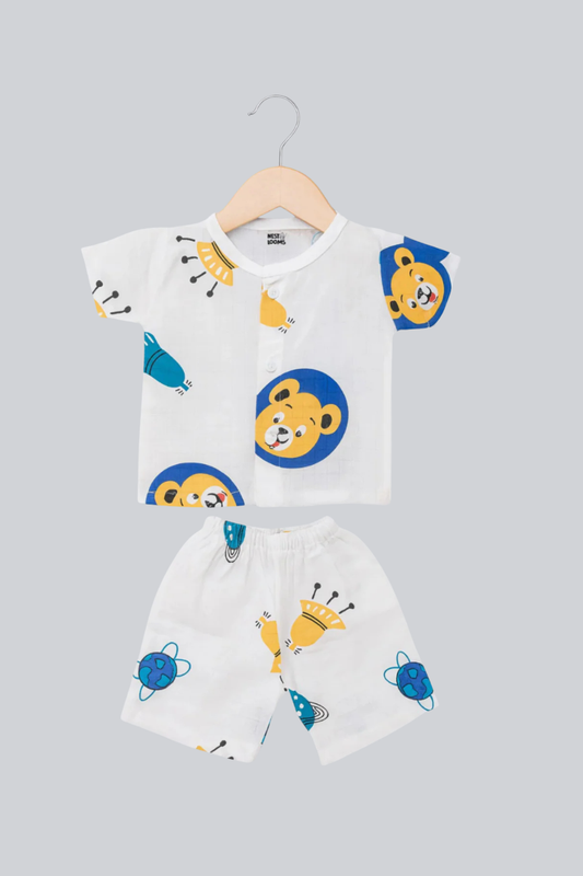 Half Sleeves Jhabla Set - Organic Cotton Muslin- Space bear