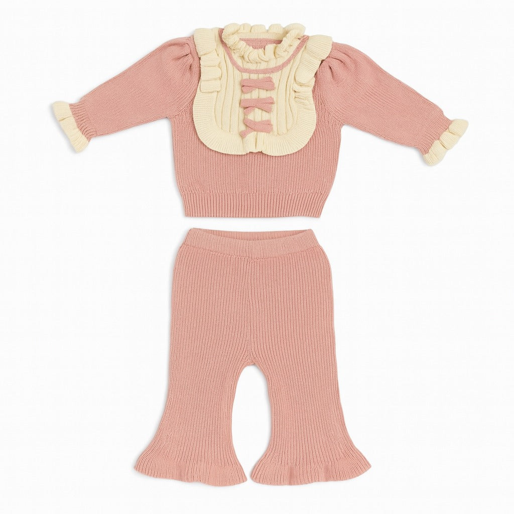 Knitted Bow Top & Pant Co-ord Set - Berry Ruffle