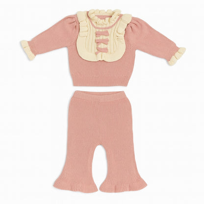 Knitted Bow Top & Pant Co-ord Set - Berry Ruffle