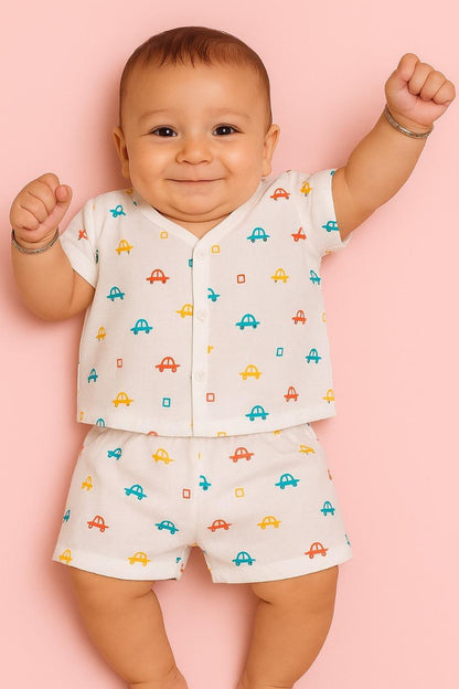 Half Sleeves Jhabla Set - Organic Cotton Muslin - Tiny Wheels