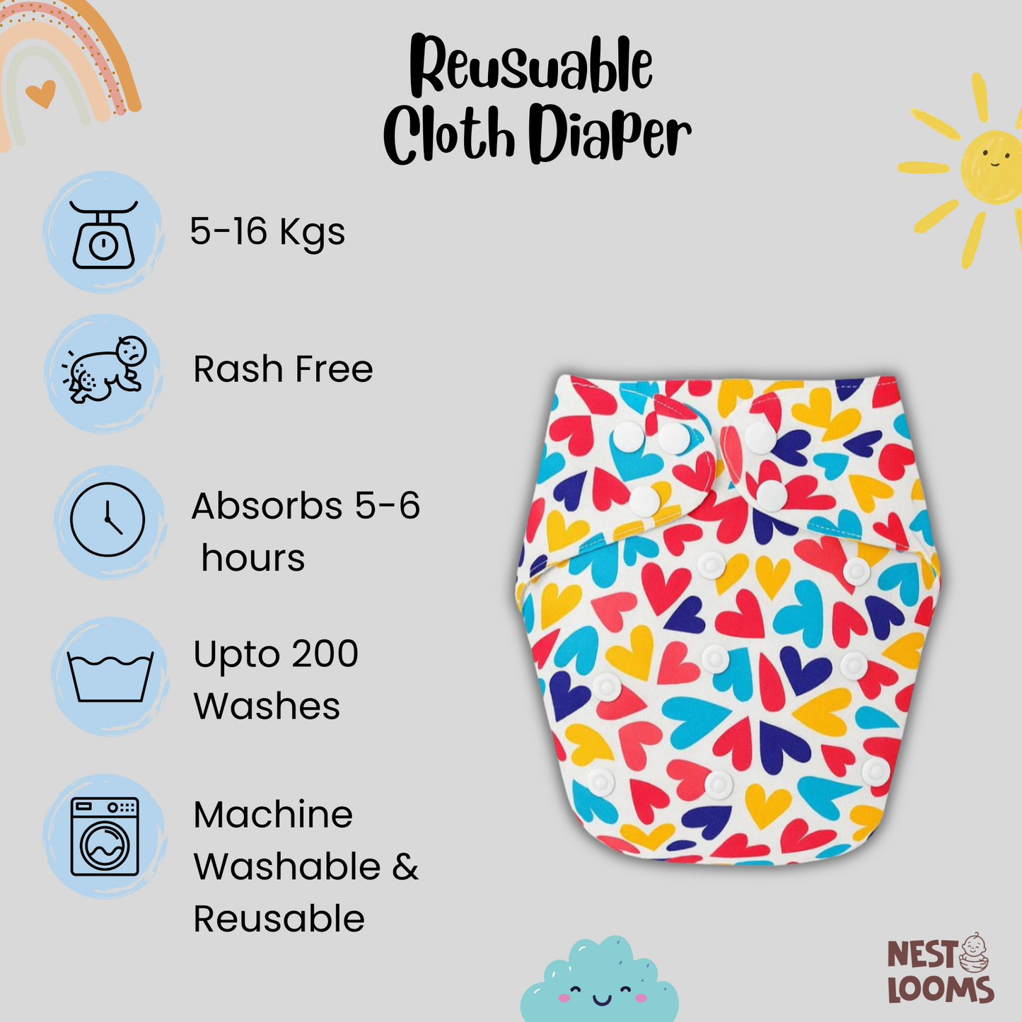 Reusable Cloth Diaper - Colorful Hearts