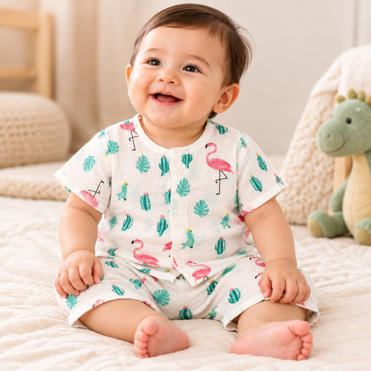 Half Sleeves Jhabla Set - Organic Cotton Muslin -  Flamingo Fiesta