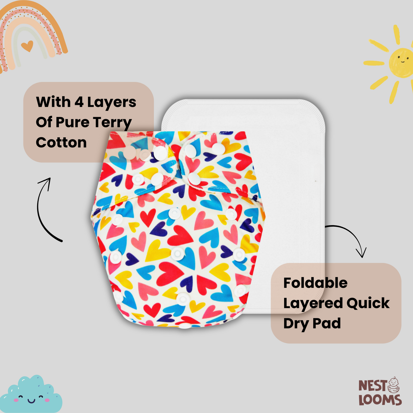 Reusable Cloth Diaper - Colorful Hearts