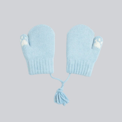 Baby Winter Knitted Gloves With Strings - Blue Teddy