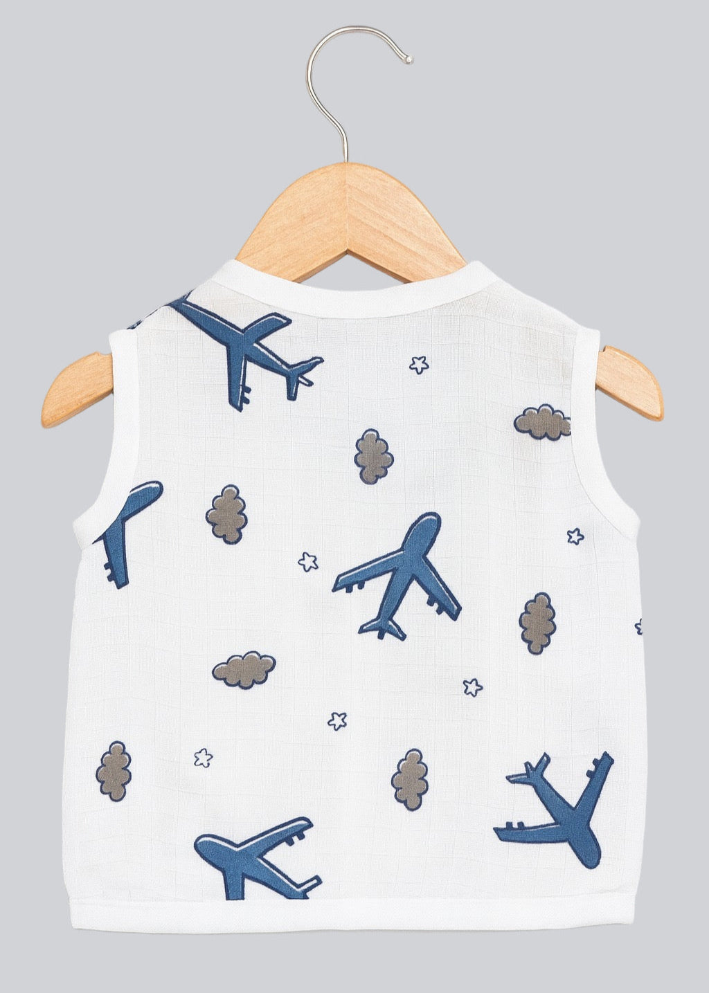Sleeveless Jhabla With Button- Muslin - Aeroplane Rides