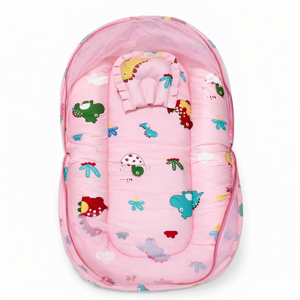 Baby Bedding Set With Mosquito Net & Head Support Pillow - Sweet Jurassic