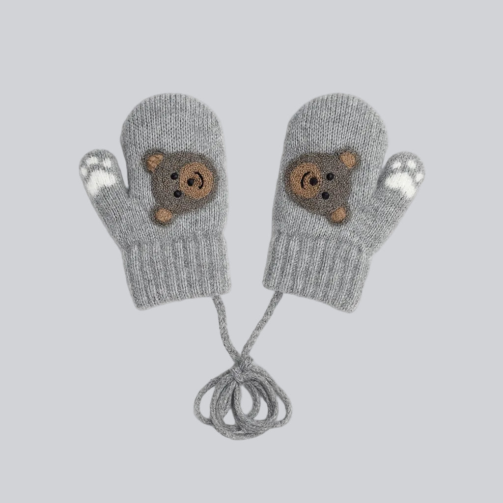 Baby Winter Knitted Gloves With Strings - Grey Teddy