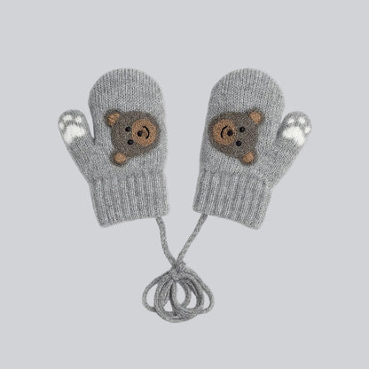 Baby Winter Knitted Gloves With Strings - Grey Teddy