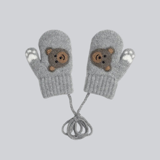 Baby Winter Knitted Gloves With Strings - Grey Teddy