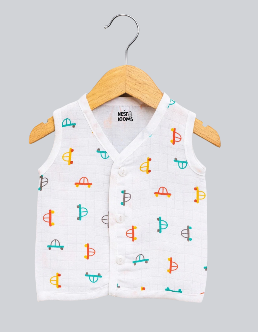 Sleeveless Jhabla With Button- Muslin - Tiny Wheels