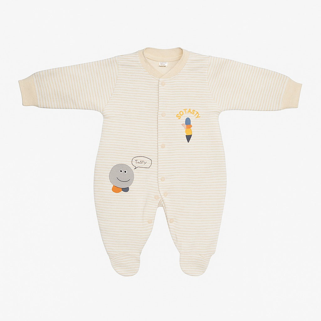 Romper With Snap Buttons - Soft Beige Stripes