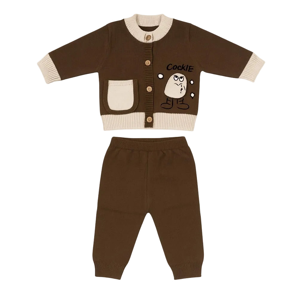Knitted Sweater Pant Co-ord Set with Button - Olive Cookie