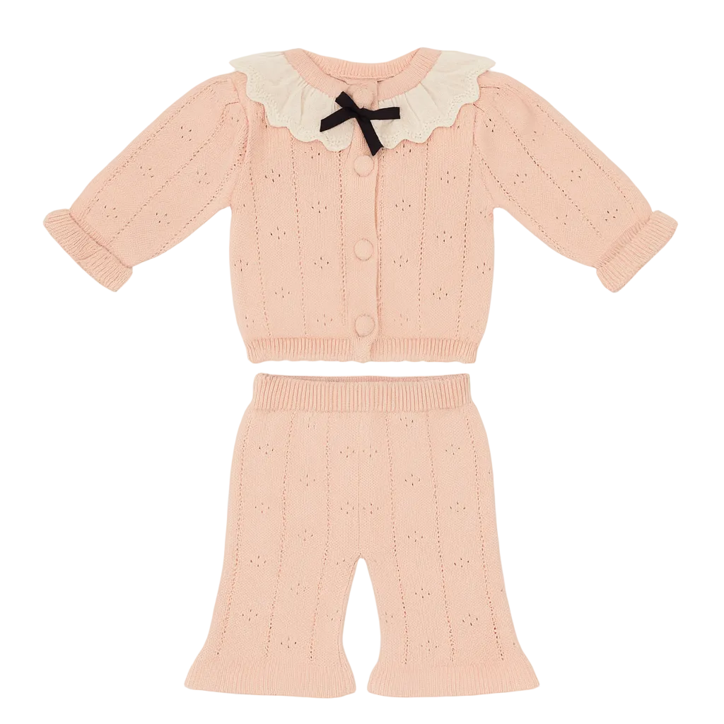Knitted Ruffle Top & Pant Co-ord Set - Blush Pink